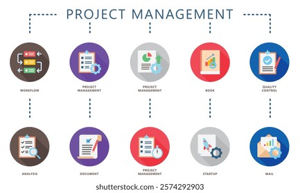 project management rounded flat color icon, contain workflow, management, book, analysis, document, star up and more. use for UI, UX, app and web development, digital or print. for business, finance.