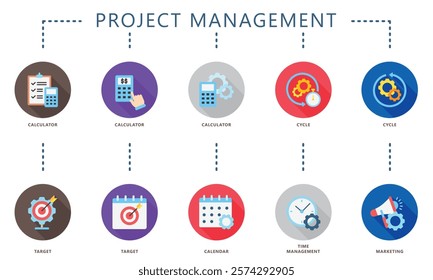 Project management rounded flat color icon, contain calculator, cycle, target, calendar, marketing and more. use for UI, UX, app and web development, digital or print, education, business, finance