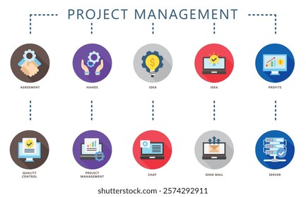 Project management rounded flat color icon, contain idea, agreement, quality control, chat, mail and more. use for UI, UX, app and web development, digital or print. for education, business, finance.