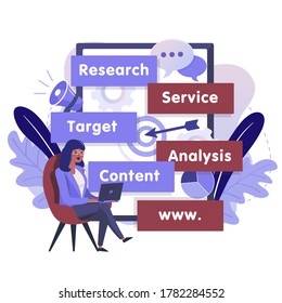 Project Management and SEO flat illustration. Content Analysis and Marketing Services color design. Woman with Laptop and Tablet with Content Information vector colorful metaphor illustration.