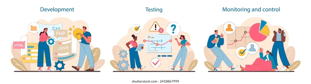 IT project management set. Coding in development, critical analysis during testing, and strategic oversight. Detailed process visualization for successful project management. Flat vector illustration.