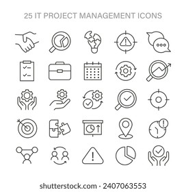 IT Project Management set. Comprehensive icons for teamwork, strategy, and planning. Essential elements for successful execution and goal achievement. Flat vector illustration.