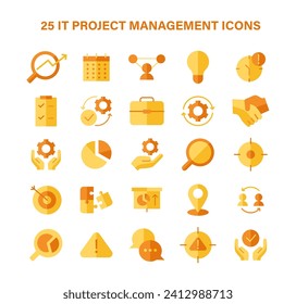 IT Project Management set. Comprehensive icons for teamwork, strategy, and planning. Essential elements for successful execution and goal achievement. Flat vector illustration.