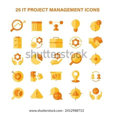 IT Project Management set. Comprehensive icons for teamwork, strategy, and planning. Essential elements for successful execution and goal achievement. Flat vector illustration.