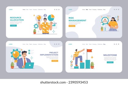 Conjunto de administración de proyectos. Etapas detalladas de la ejecución desde el ámbito de aplicación hasta el logro de un hito. Equipo eficiente, control presupuestario, plazos y controles de calidad. Ilustración vectorial plana