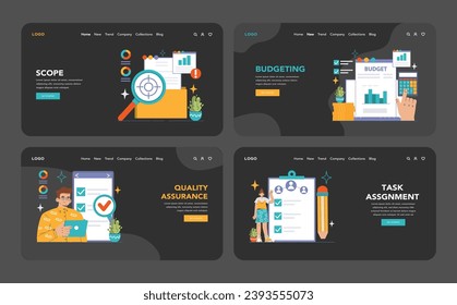 Project Management set. Detailed stages of execution from scope to milestone achievement. Efficient team, budget control, timelines, and quality checks. Flat vector illustration