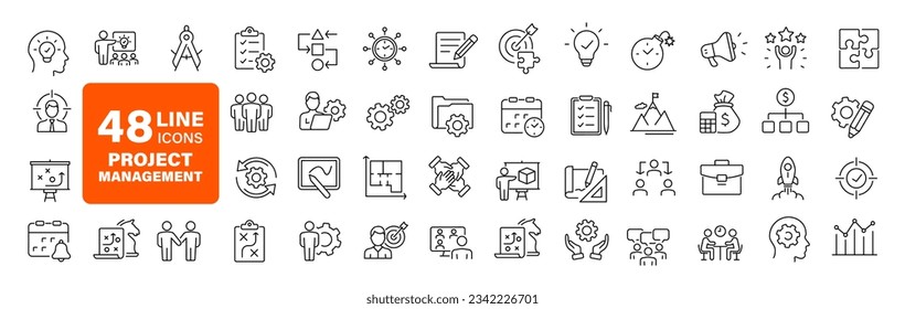 Project management set of web icons in line style. Business or organisation management icons for web and mobile app. Time management, planning, project, startup, marketing. Vector illustration