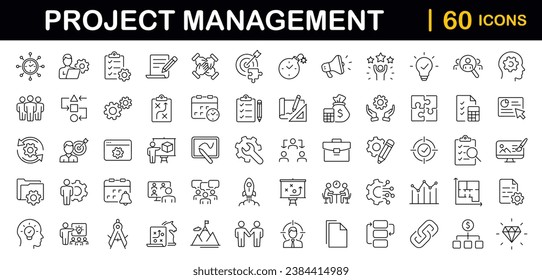 Project management set of web icons in line style. Business or organisation management icons for web and mobile app. Time management, planning, project, startup, marketing. Vector illustration