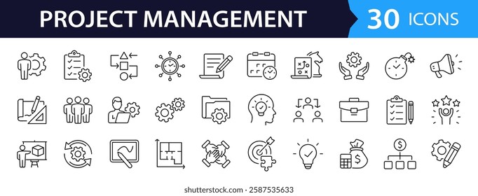 Project management set of web icons in line style. Business or organisation management icons for web and mobile app. Time management, planning,  project, startup, marketing. Vector illustration