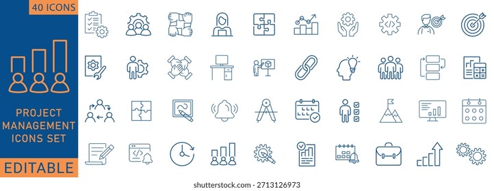Conjunto de iconos web de gestión de proyectos en estilo de línea. Paquete de Vector mínimo editable para gestión de tiempo, planificación, proyecto, inicio, marketing. Ilustración vectorial.