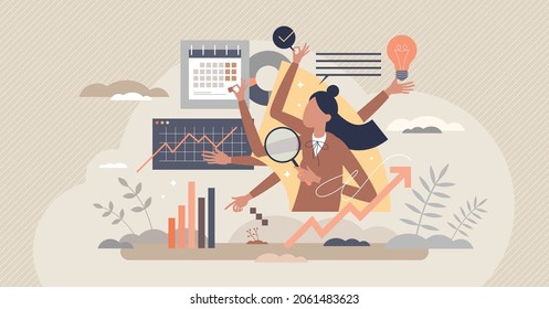 Project management skills with effective multitasking tiny person concept. Female business scene with information monitoring and data control about productive company success vector illustration.