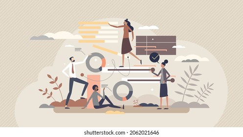 Project management software for effective business work tiny person concept. Productive application for teamwork task organization and reports graphics vector illustration. Modern strategy planning.