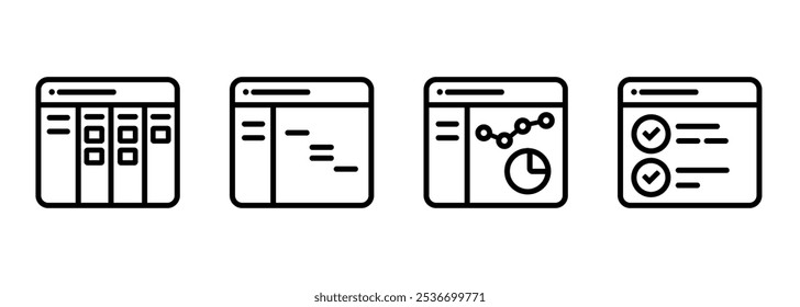 Ícone do software de gerenciamento de projeto definir traçado símbolo de ilustração de contorno da interface de layout do gráfico de gantt do quadro kanban 