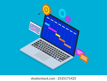 Software de gestión de proyectos con computadora portátil, calendario, chat de burbujas, equipo y blanco de dardos isométrico sobre fondo azul. Ilustración vectorial