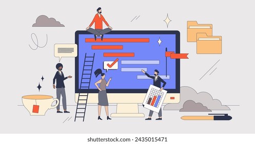 Project management software or process organization retro tiny person concept. Task control, monitoring and planning tool for efficient and productive work vector illustration. Lean workflow app.