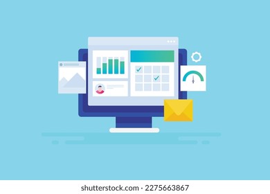 Project management software taking care of multiple business works, Companies managing projects with project management system - flat design vector illustration with icons