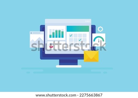 Project management software taking care of multiple business works, Companies managing projects with project management system - flat design vector illustration with icons