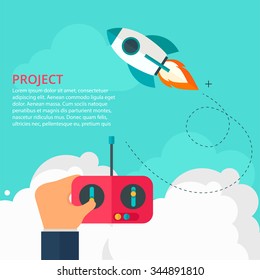  Project management. Startup. Background with hands, joystick, rocket.New ideas, business solutions.Flat vector illustration.