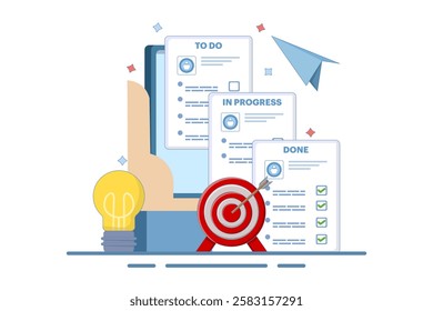 Project management, strategy and organization concept. Office desk with laptop and kanban board with tasks and sticker notes on the screen. Flat vector illustration on background.