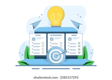 Project management, strategy and organization concept. Office desk with laptop and kanban board with tasks and sticker notes on the screen. Flat vector illustration on background.