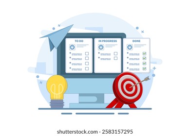 Project management, strategy and organization concept. Office desk with laptop and kanban board with tasks and sticker notes on the screen. Flat vector illustration on background.