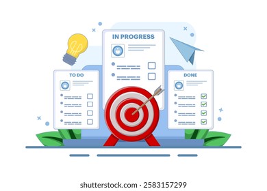 Project management, strategy and organization concept. Office desk with laptop and kanban board with tasks and sticker notes on the screen. Flat vector illustration on background.