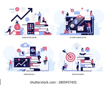 Project management and successful business concepts set. Vector character illustration of employees working at project. Metaphor of growth profit, data analysis, office workflow, teamwork in company