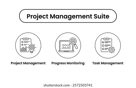 Project Management Suite icon set. Includes Project Management, Progress Monitoring, and Task Management icons. Vector icon set