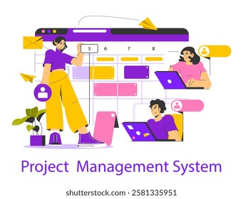 Project Management System illustration. Visual representation of teamwork and scheduling with collaborative tools. Effective planning enhances productivity and organization in projects. Vector