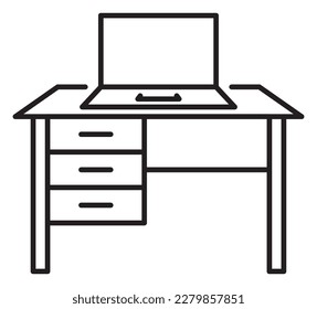 Project management table, laptop, workplace vector icon illustration.