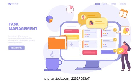 Project management, task management application, list of tasks online, successful business plan tasks. Flat design concept for landing page. Vector illustration with tiny characters.