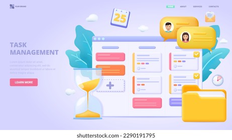 Project management, task management application, list of tasks online, successful business plan tasks. 3d design concept for landing page. Three dimensional vector illustration.