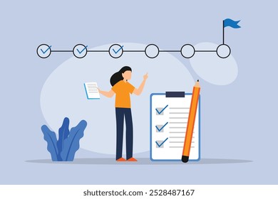 Conceito de Conclusão de Tarefas e Gerenciamento de Projetos: Mulher com Lista de Verificação e Linha do Tempo 2d ilustração de vetor plana