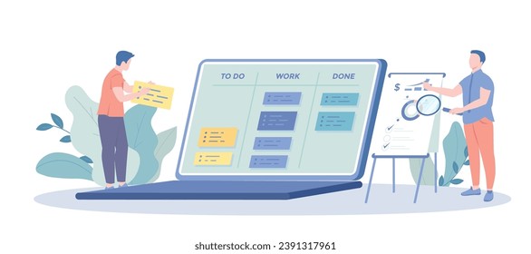Project Management, Task Distribution, Business Teamwork. Project manager business people working managing project on laptop screen. Vector illustration with character situation	
