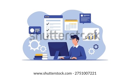 Project Management and Task Planning on Computer – Workflow Productivity Flat Vector Illustration