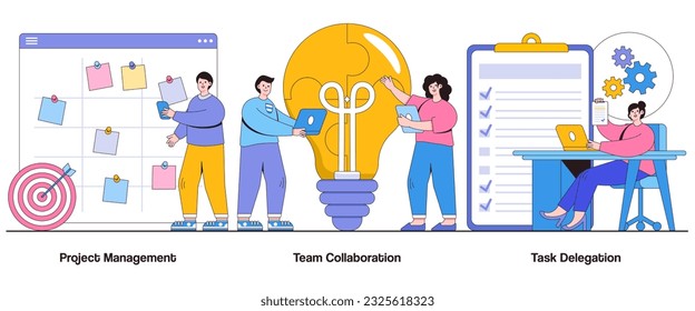 Project Management, Team Collaboration, Task Delegation Concept with Character. Project Execution Abstract Vector Illustration Set. Timelines, Milestones, Project Success Metaphor.