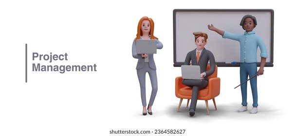 Project management. Team presents project implementation plan, work results. Man points to empty board. Businessman and businesswoman holding laptops. Color vector template for web advertising