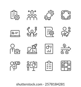 Project Management and Teamwork, linear style icon set. Planning, collaboration, innovation, and execution. Task tracking, milestones, and project lifecycle. Editable stroke width