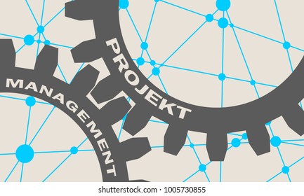 Project and management text on the mechanism of gears. An inscription in German. Communication concept in industrial design. Modern brochure design template