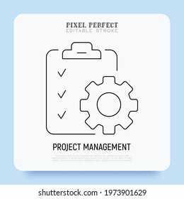 Project management thin line icon. Clipboard with checklist and cogwheel. Schedule of tasks. Pixel perfect, editable stroke. Vector illustration.