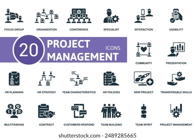 Project Management thin line icon set. Focus Group, Organization, Conference, Specialist, Interaction, Usability, Community, Presentation, Hr Planning, Hr Strategy icons and more