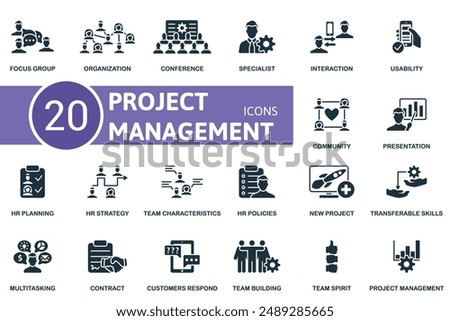 Project Management thin line icon set. Focus Group, Organization, Conference, Specialist, Interaction, Usability, Community, Presentation, Hr Planning, Hr Strategy icons and more