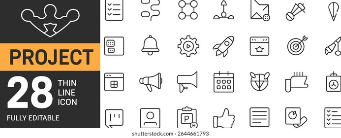 Project management thin line icons isolated on white background