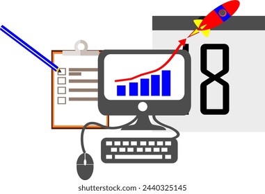 Projektmanagement und Zeitverwaltung, Geschäftsdokumentplanung flaches Vektor-Symbol. Organisation, Arbeit. Computer, Kalender, Arbeitsplan, Balkendiagramminfo.