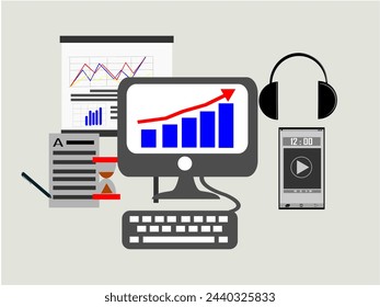 Project management and time administration, business document planning flat vector icon. Organization, work. computers, earphones, patient watches, documents, info bar graphs and smartphones.