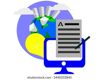 Project management and time administration, business document planning flat vector icon. Organization, work. computers, documents, lamps, globes.