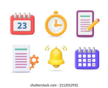 Project management and time administration, planning business documents 3d icons. Organization, working. Clock, calendar, document, bell, gear.