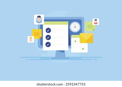 Project management tool, Workflow management software, Team collaboration application, Online checkout, Worklist app - vector illustration with icons