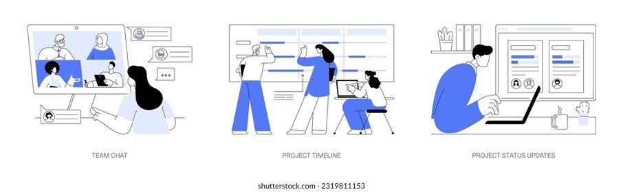 Project management tools abstract concept vector illustration set. Diverse colleagues talking via video chat, manage timeline online, get status update, collaboration software abstract metaphor.