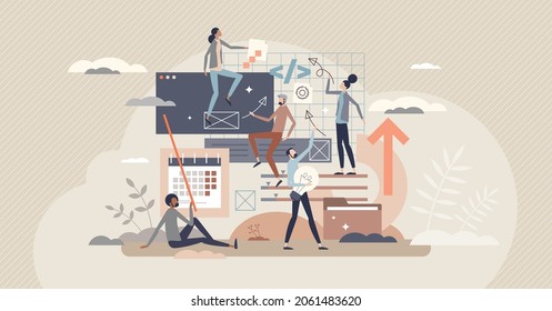 Project Management Tools For Effective Or Productive Work Tiny Person Concept. Teamwork Control And Manage Software As Business Process Flow Planning Vector Illustration. Task Organization System.